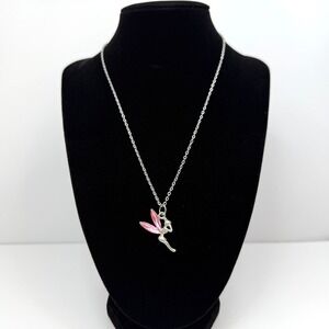 Tinkerbell Fairy Pendant Necklace Pink Acrylic Rhinestone Wings Jewelry Girls